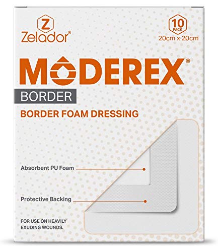 Moderex Absorbent Foam Dressing with Adhesive Border for Diabetic Foot Ulcers & Bedsores, Sterile 20x20cm, 17.5x17.5cm Absorbent Pad